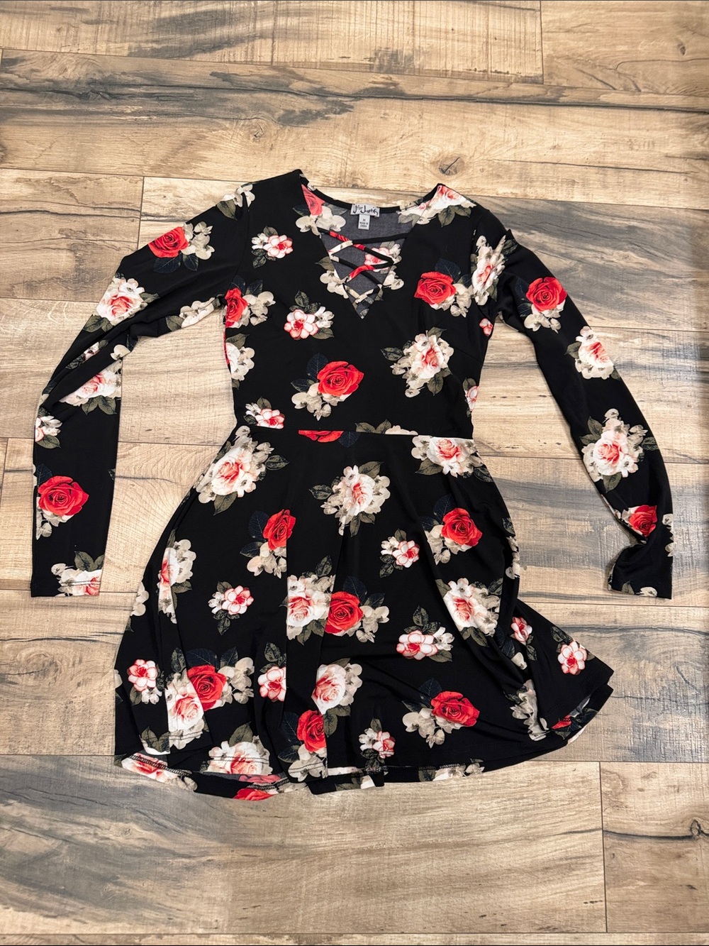 J for Justify Black Midi Dress with Red & White Floral Print
